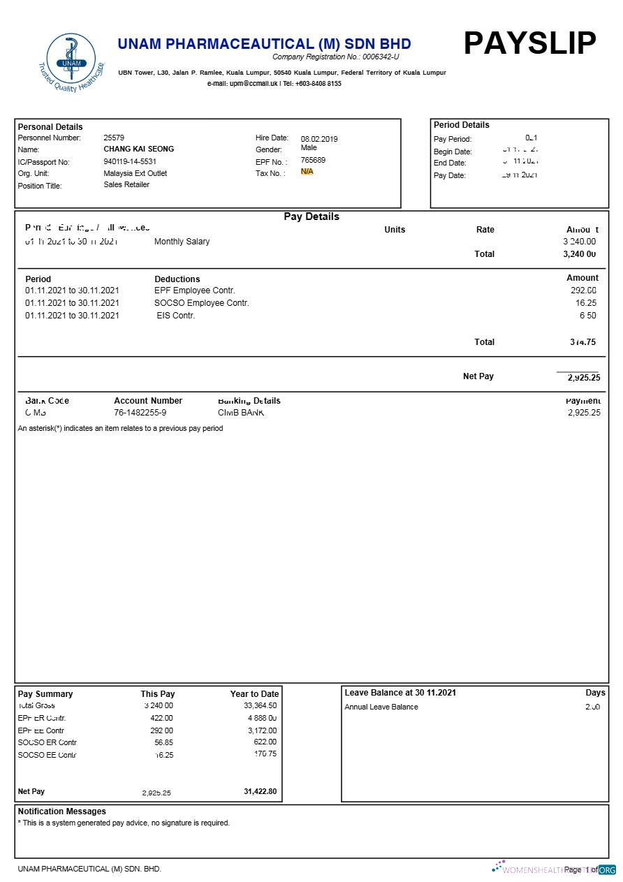 Download Unam Pharmaceautical (M) Sdn Bhd payslip template in Word and PDF formats.pdf, 1 Photoshop template